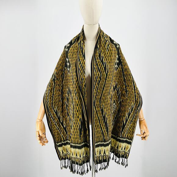 Large Handmade Black Brown Ikat Woven Cotton Shawl Wrap w Fringe - Picture 1 of 6